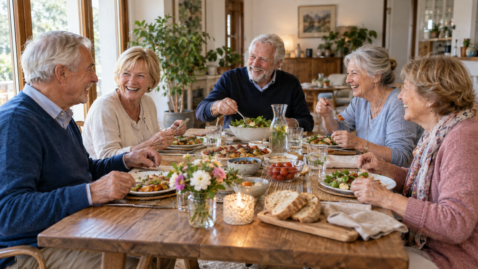 Ältere Freundinnen und Freunde in fröhlicher Runde zuhause
